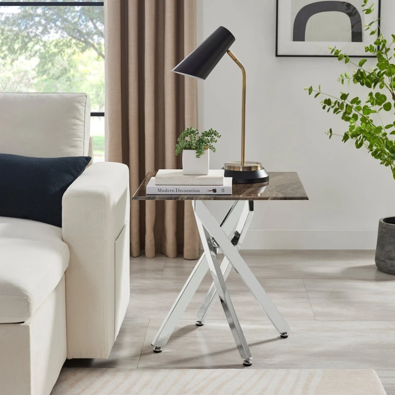 Image of FurnitureboxUK FurnitureboxUK Leonardo Square Marble Effect Glass Top Side Table With Silver Metal Starburst Legs in Grey Grey One Size Unisex 5056542