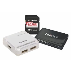 Image of Fujifilm SDXC 64GB UHS-I Pro Class 10 Card + USB Reader & 4 Port Hub