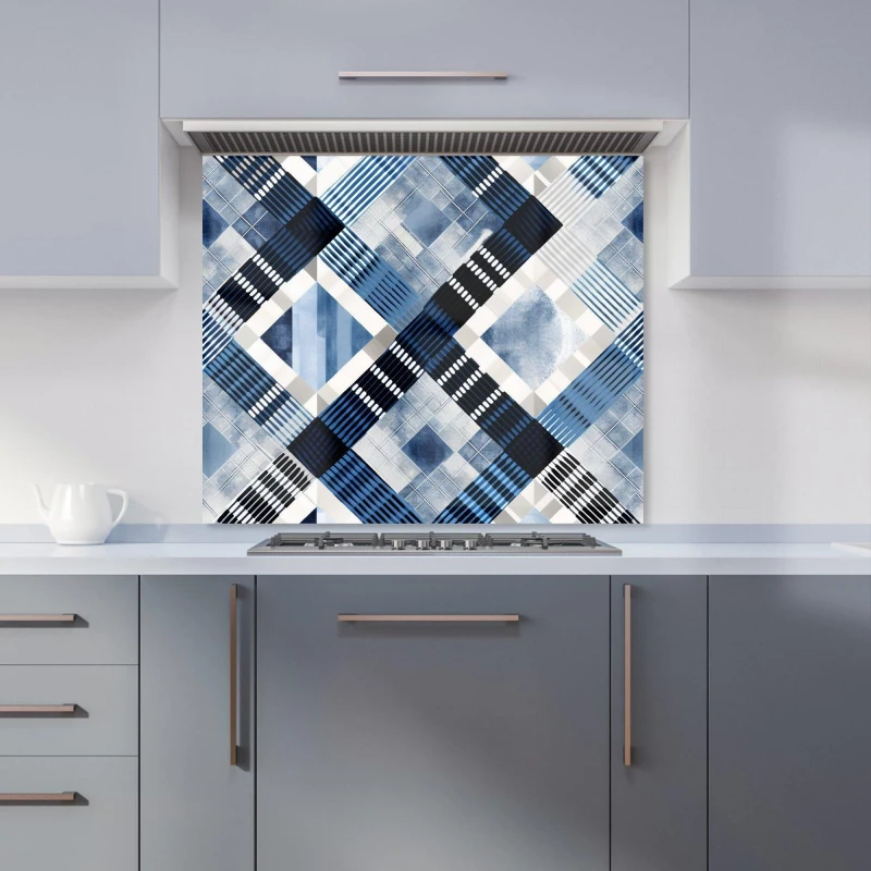 Image of Warren Reed - Designer Checkered Square Black & Blue Kitchen Splashback Size: 600mm x 750mm Blue Unisex 600mm x 750mm