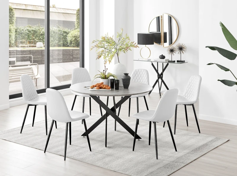 Image of FurnitureboxUK FurnitureboxUK Novara Grey Concrete Effect Black Leg 120cm Round Dining Table & 6 Corona Black Leg Chairs in Off White Off White One Si
