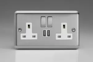 Image of Varilight 2-Gang 13A Single Pole Switched Socket with Metal Rockers with 2x5V DC 2100mA USB Charging Ports - XS5U2SDW