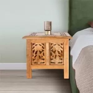 Image of Topfurnishing - Antique Effect Square Carved Wooden Bedside Lamp Table Side End Coffee Tables [Pine,Medium 38x38x39 cm]