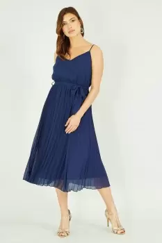 Navy Pleated Strappy Midi Dress