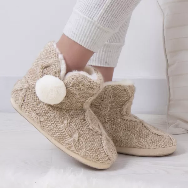 Image of totes Cable Knit Faux Fur Lined Boot Slippers With Pom Poms Oatmeal