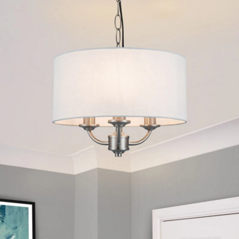 Image of Cosylyte Winston 3 Light Classic Faux Linen Shade Pendant Light - Brushed Nickel