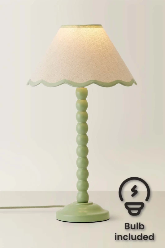Image of ValueLights Bobbins Sage Green Table Lamp with Tapered Natural Linen Scallop Shade with Bulb Green