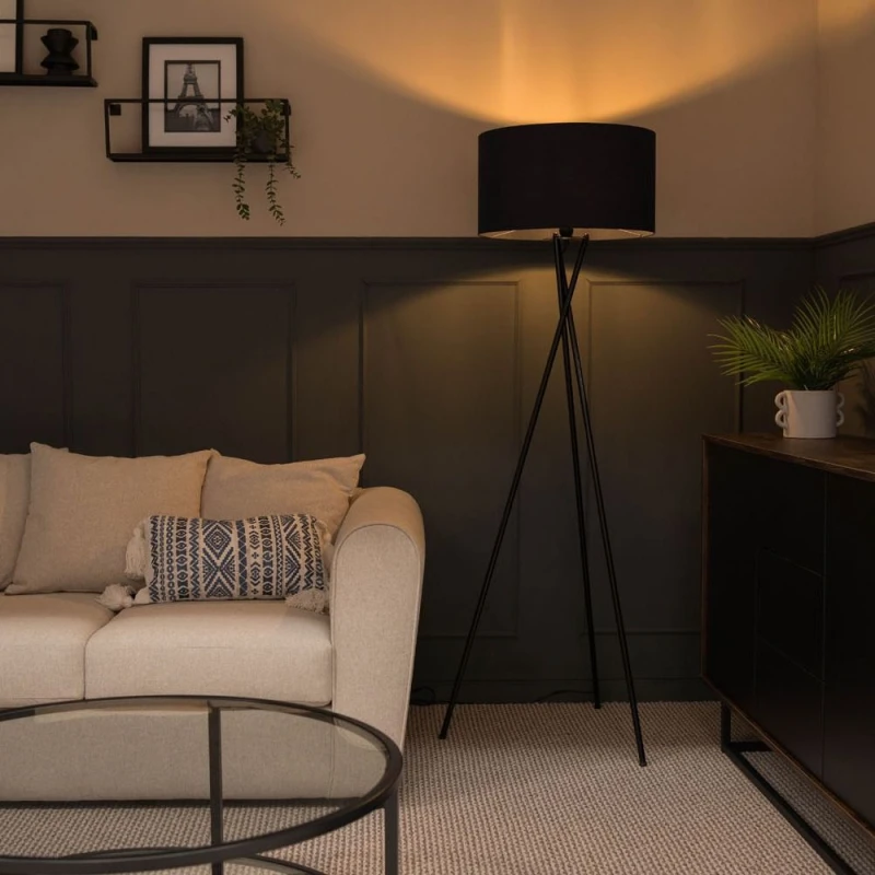 Image of ValueLights ValueLights Camden Black Metal Tripod Floor Lamp with Drum Lamp Shade and LED Bulb in Dark Navy Dark Navy One Size Unisex 5059406017803