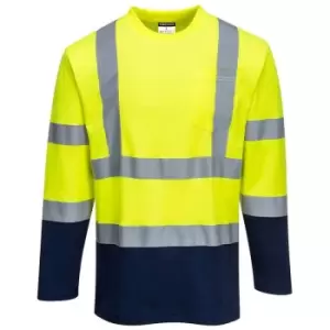 Image of Portwest S280YNRL - sz L Two-Tone Long Sleeved Cotton Comfort T-Shirt - Yellow/Navy - Yellow/Navy