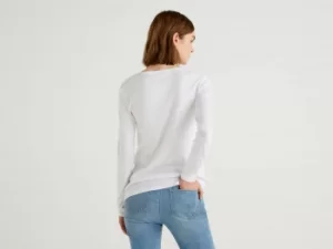 image of Benetton, Long Sleeve Pure Cotton T-Shirt, taglia L, White, Women