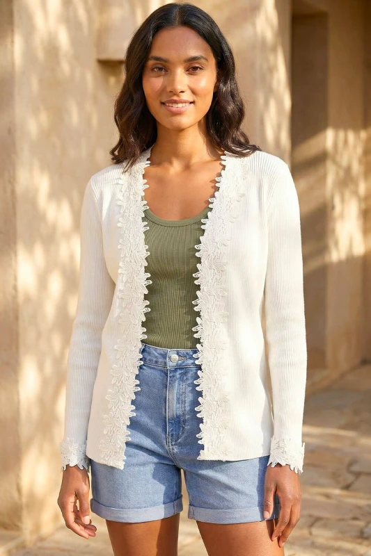 Image of Roman Womens Lace Trim Knit Cardigan in Ivory Size: 18 Ivory Female 18