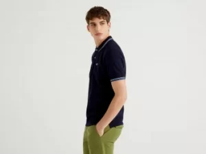 image of Benetton, Short Sleeve Stretch Cotton Polo, taglia M, Dark Blue, Men