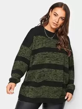 image of Yours Distressed Stripe Jumper, Green, Size 18-20, Women