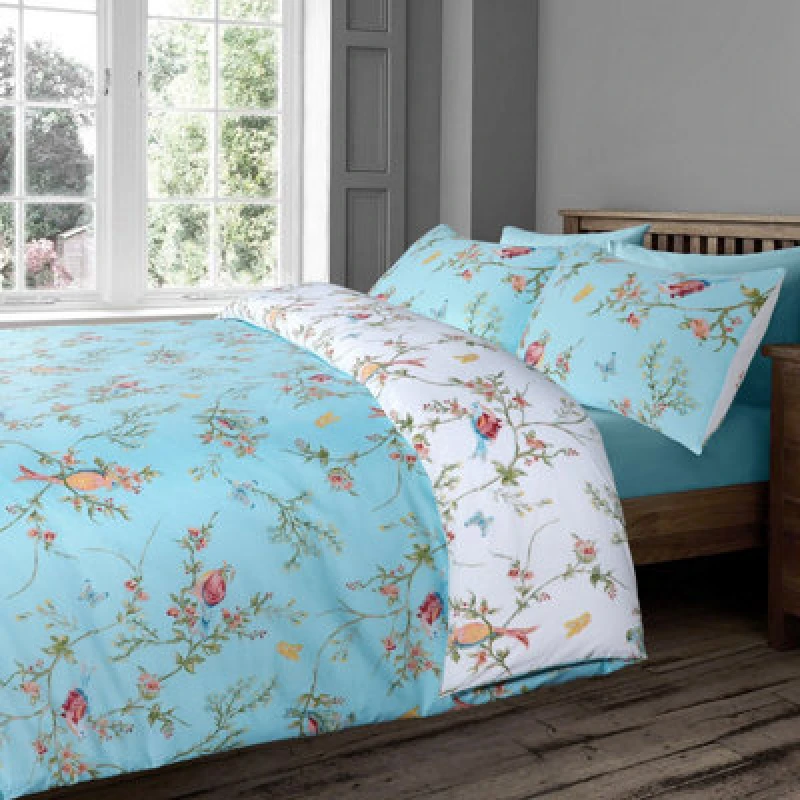 Image of Velosso Nature Inspired Duvet Cover & Pillowcase Set, Elegant Floral Print Bedding Set, Easy-Care Bed Linen, Bedroom Decor - Duck Egg