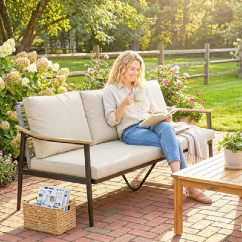 Image of OUTSUNNY 3 Seater Rattan Garden Sofa with Wood-Effect Arms, Cushions in Beige Beige Unisex