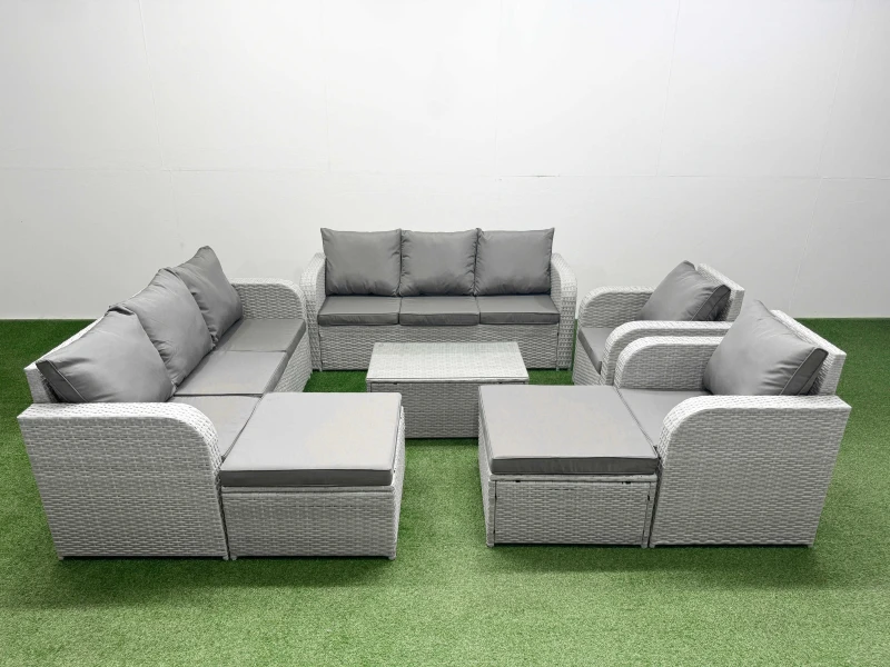Image of Fimous PE Rattan High Back Lounge Sofa Set Patio Coffee Table & Chairs Set with 3 Seater Sofa Reclining Chair 2 Big Footstool Light Grey Light Grey