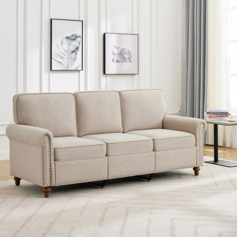 Image of MCC Direct Large 3 seater Studded Sofa Plush Padded Settee Beige Beige Unisex 3 Seater