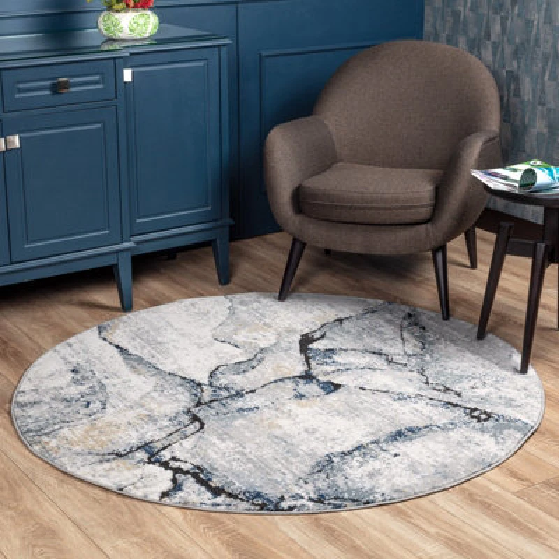 Image of Livabliss Round Abstract Modern Marble Dark Blue Lyna Area Rug 160 X 160 Cm - Easy Care, Non Shedding, Ideal For Living Room & Bedroom