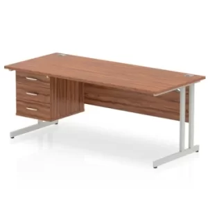 Image of Impulse 1800 Rectangle Silver Cant Leg Desk WALNUT 1 x 3 Drawer Fixed Ped