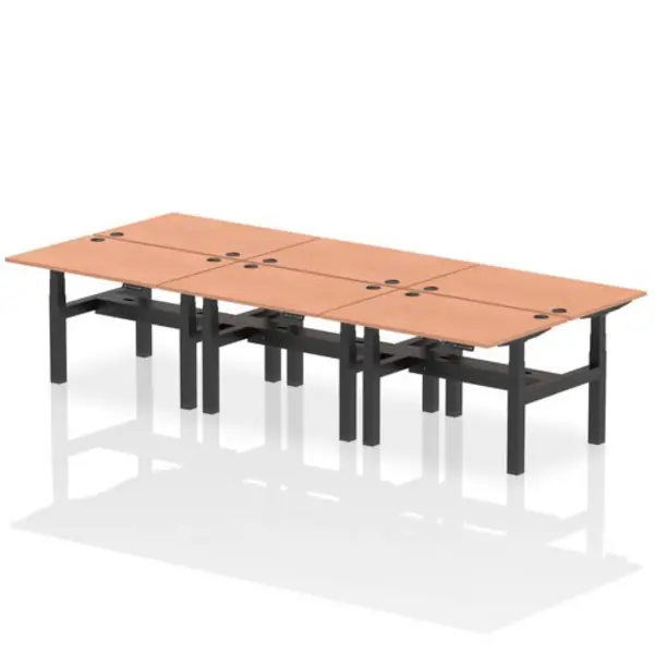 Image of Air Air Back-to-Back 1200 x 800mm Height Adjustable 6 Person Bench Desk Beech Top with Cable Ports Black Frame HASCP6P12800BCHB
