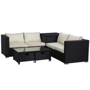 image of Outsunny 4 pcs Rattan Wicker Garden Furniture Patio Sofa Storage & Table Set w/ 2 Drawers Cushions Storage Corner Trunk Coffee Black