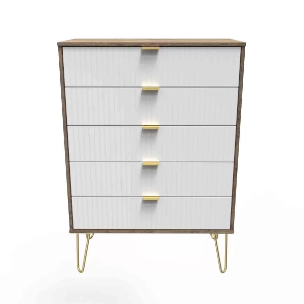 image of Welcome Furniture Ready Assembled Linear 5 Drawer Chest In White Matt & Vintage Oak