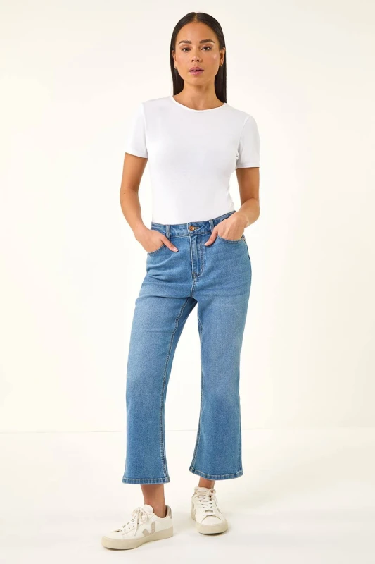 Image of Roman Womens Petite Bootcut Cropped Jeans in Mid Blue Size: 18 Mid Blue Female 18