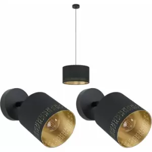 Image of Ceiling Pendant Light & 2x Matching Wall Lights Black & Gold Patern Modern Shade