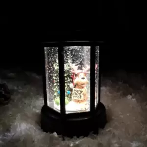 Image of 18cm Snowtime Battery Operated LED Christmas Glitter Water Spinner Black Lantern Dog & Tree Scene