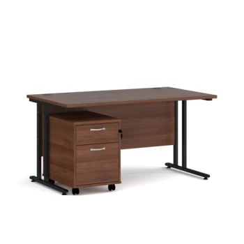 Image of Office Desk Rectangular Desk 1400mm With Pedestal Walnut Top With Black Frame 800mm Depth Maestro 25 SBK214W