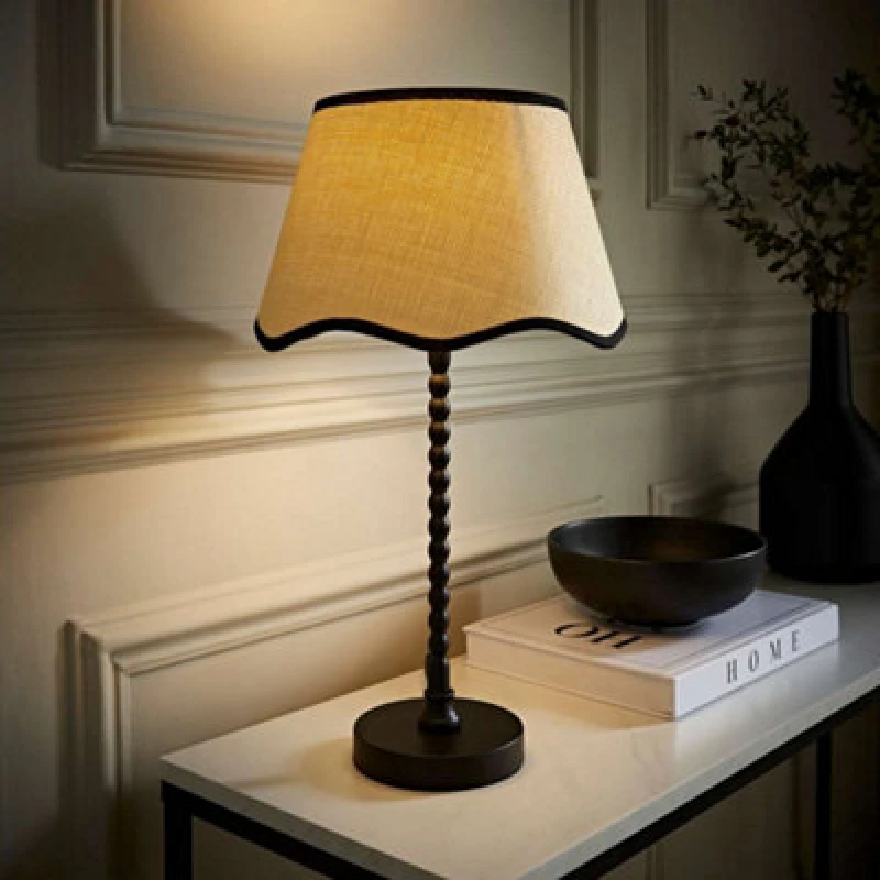 Image of ValueLights ValueLights Maeve Natural Scallop Black Trim Drum Shade Matte Black Bobbin Bobble Table Lamp Black One Size Unisex 5059406065200