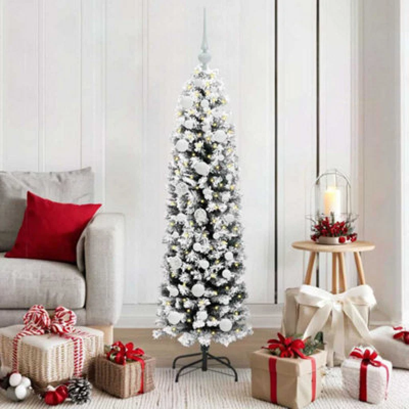 Image of vidaXL Artificial Christmas Tree with 150 LEDs, White Balls with Stand Snow Flocked Green 150 x 43 cm, Green 3395008