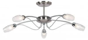 Image of 5 Light Semi Flush Multi Arm Ceiling Light Satin Chrome, Clear Glass with Acid Inner, G9