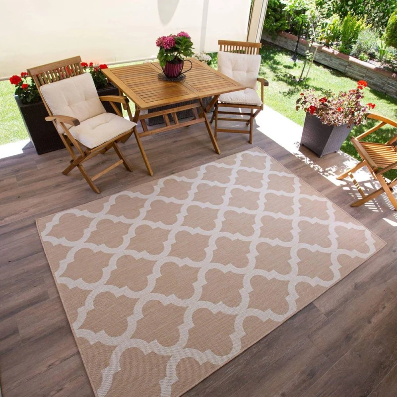 Image of THE RUGS Outdoor Indoor Beige Ivory Geometric Trellis Rug Weather Resistant Size: 200cm x 290cm Beige Unisex 200cm x 290 cm