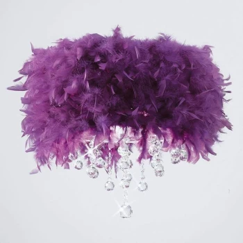 image of Ibis ceiling lamp with purple feather shade 3 polished chrome / crystal bulbs