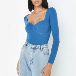 image of Missguided Sweetheart Rib Knit Bodysuit - Blue