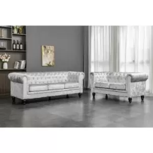 image of Roomee - Chesterfield 3 + 2 Seater Sofa Settee Velvet Fabric Sofa Set in Silver - Silver