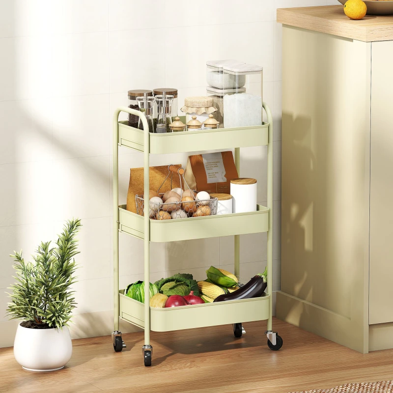 Image of HOMCOM HOMCOM 3 Tier Storage Trolley on Wheels Rolling Utility Cart with 3 Baskets in Green Green One Size Unisex 5063603049598