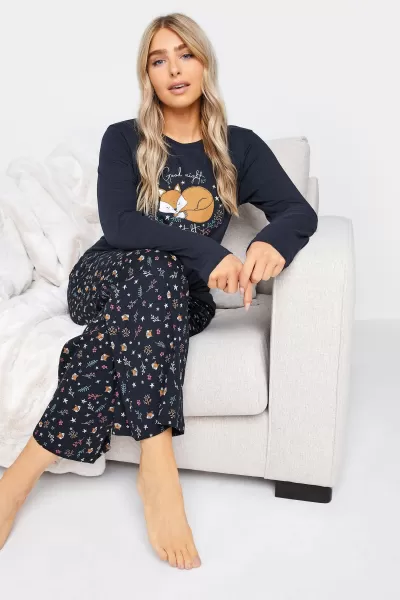Image of M&Co Printed Slogan Wide Leg Pyjama Set Mid Navy