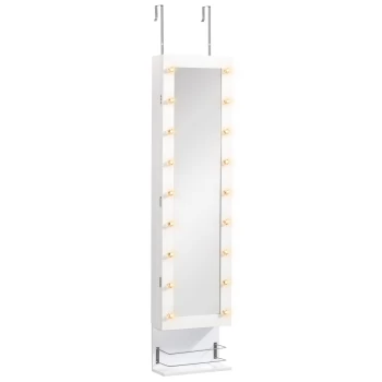 image of HOMCOM Jewellery Storage Mirror Cabinet Wall Mounted or Door Hanging w/ Hooks Shelves Drawer 18 Lights Brush Holder Vanity Makeup White AOSOM UK