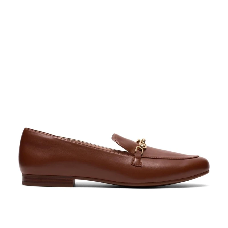 Image of Clarks Womens Tamna Iris Tan Leather Loafers, Slip Ons in Brown Size: 4-Standard Fit Brown Female 4-Standard Fit