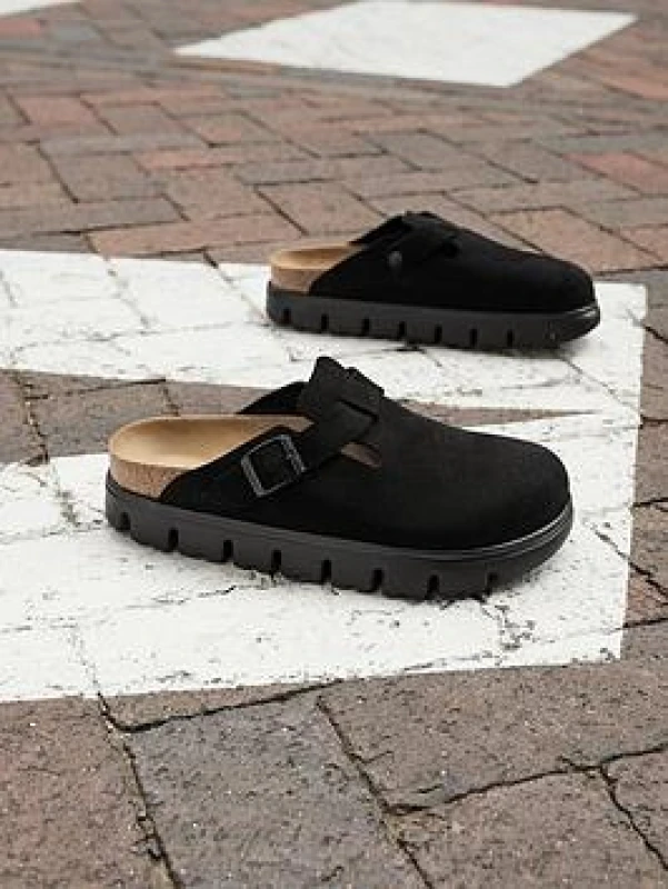 Image of Birkenstock Papillio Womens Boston Suede Mules - UK 3.5 Black Flats female 1028317 3.5