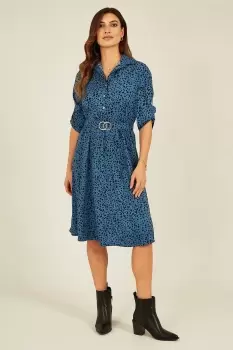 Image of Blue Dalmatian Print Gold Buckle Midi Dress