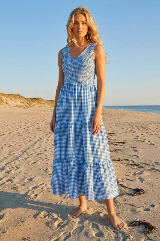 Image of Dusk Womens Gingham Tiered Midi Dress in Blue Size: 14 Blue Female 14