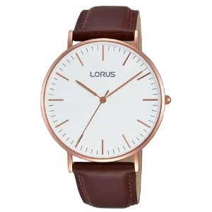 image of Lorus RH880BX9 Mens Stylish Slim Rose Gold Case Watch with Brown Leather Strap