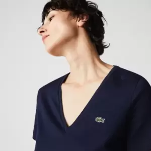 Image of Lacoste Womens V-neck Loose Fit Cotton T-Shirt Size 10 Navy Blue