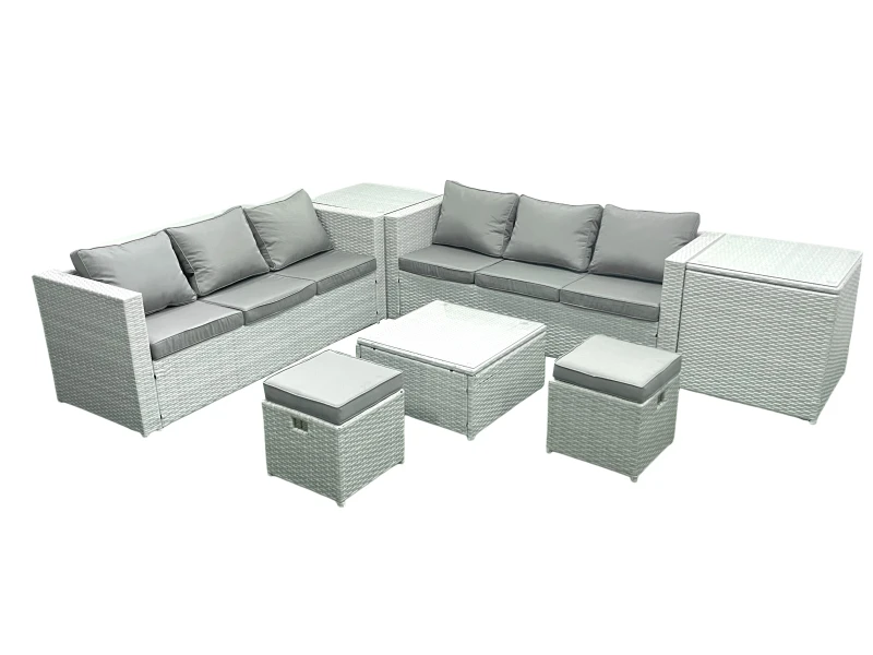 Image of Fimous Rattan Garden Outdoor Furniture Set 8 Seater Rattan Garden Sofa Set with 2 Small Footstool 2 Side Tables Light Grey Mixed Light Grey