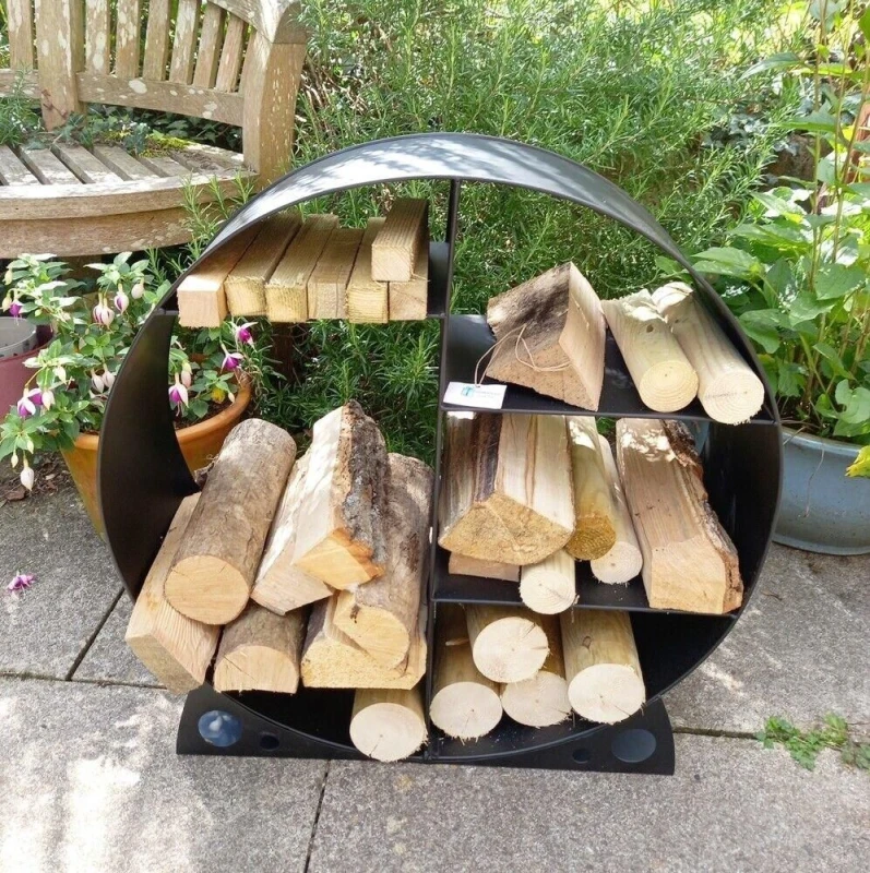 Image of Inspirational Gifting Steel Round Log Store & Shelves Metal Log Holder Log Storage in Black Unisex