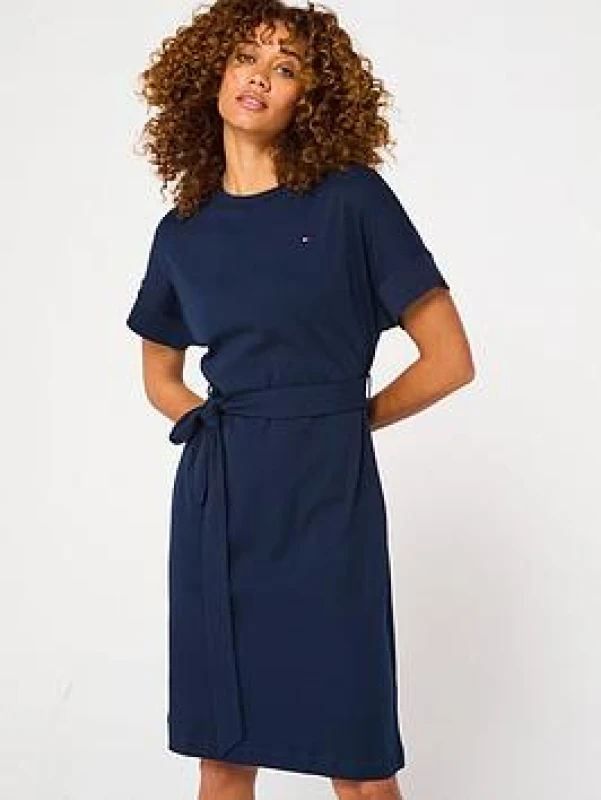 Image of Tommy Hilfiger Mini T-Shirt Dress with Tie Waist Navy Women XL