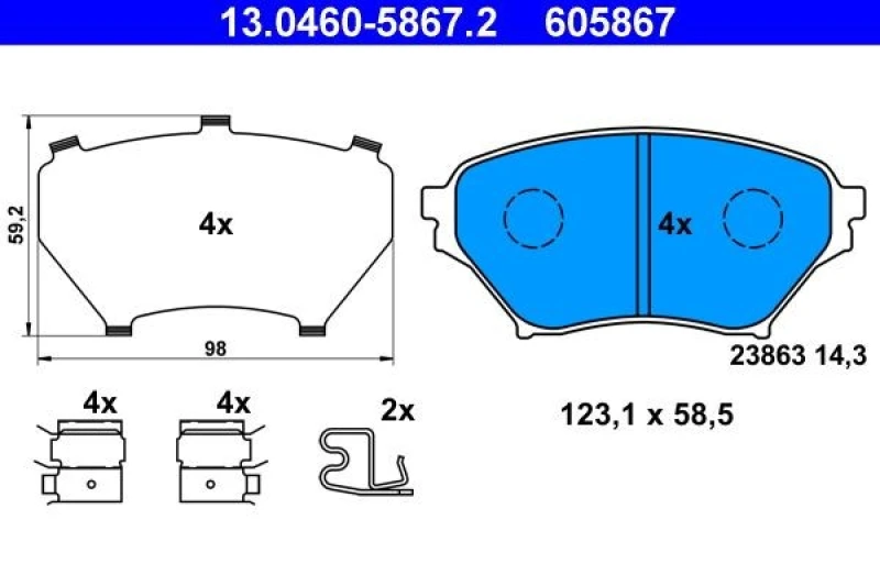 Image of ATE 13.0460-5867.2 Brake pad set with acoustic wear warning, with accessories, with anti-squeak plate Brake Pad Set,disc brake (402)