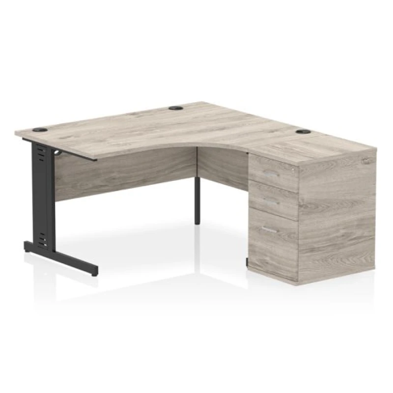 Image of Impulse Impulse 1400mm Right Crescent Office Desk Grey Oak Top Black Cable Managed Leg Workstation 600 Deep Desk High Pedestal IWSRC146BCMGRY